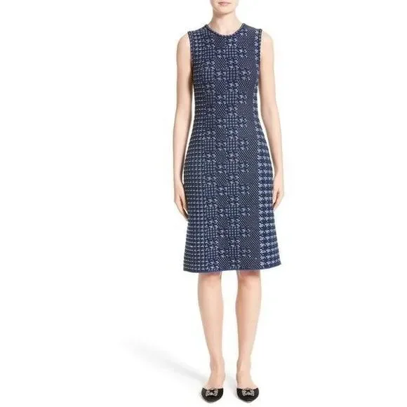 OSCAR DE LA RENTA Pixelated Houndstooth Sheath Dress Sz L BLUE